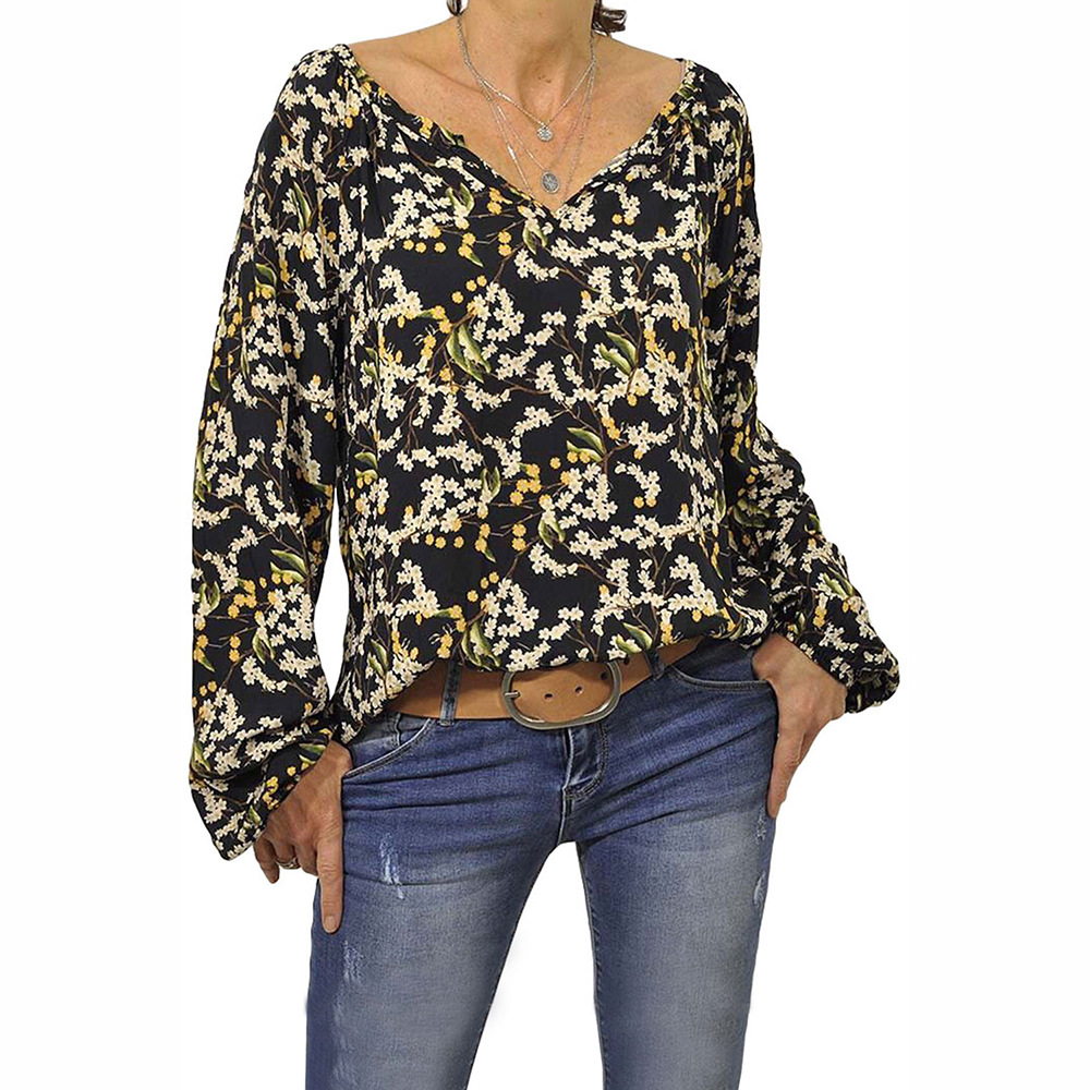 Vintage Floral Print Womens Loose Fit V Neck Long Sleeve Top Autumn Style Casual Wear Wholesale Available