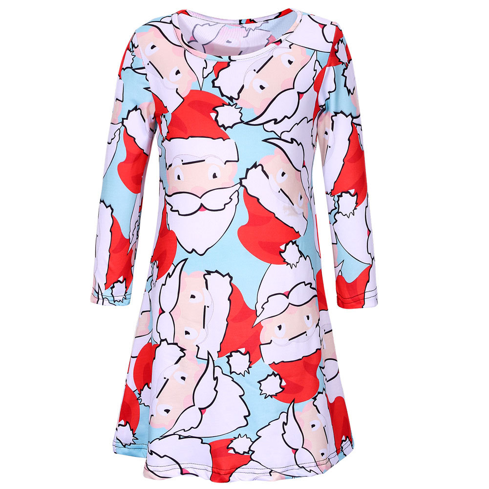 Christmas Cartoon Print Dress Long Sleeve Round Neck Comfortable Fabric Festive Occasion Wear Wholesale Available