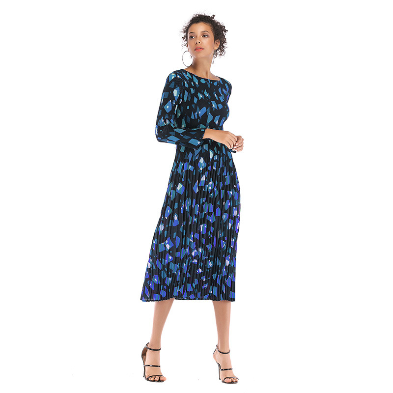 Geometric Print Chiffon Dress Long Sleeve Belted Pleated Design Perfect for Spring Summer Events Wholesale Available