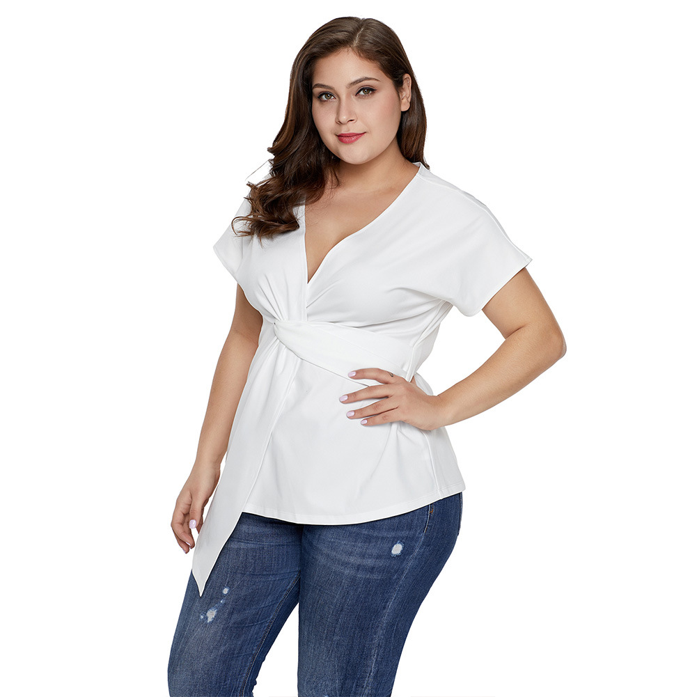 Womens Summer Loose V Neck Short Sleeve T Shirt Twist Knot Design High Low Hem Plus Size Casual Wear Wholesale