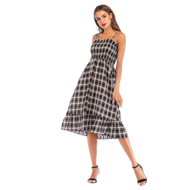 Vintage Plaid High Waisted Midi Dress for Women Ruffle Straps Summer Style Elegant Design Wholesale Available