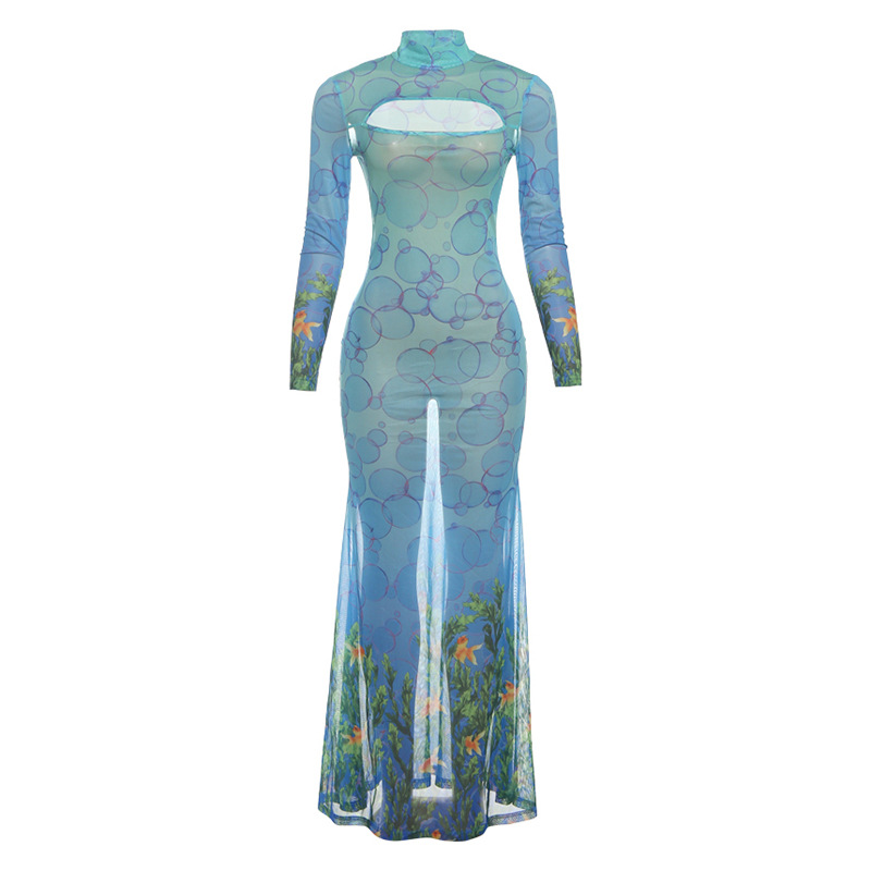 European and American Cross Border Wholesale Autumn Fashion New Women's Personality Printed Hollow Sexy Mermaid Dress