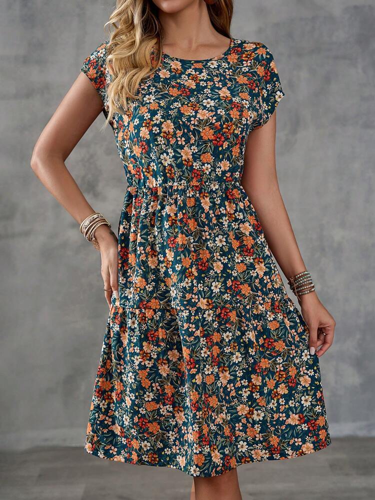 Elegant Floral Print Short Sleeve Dress Round Neck Comfortable Fabric Versatile Style Perfect for Summer Events
