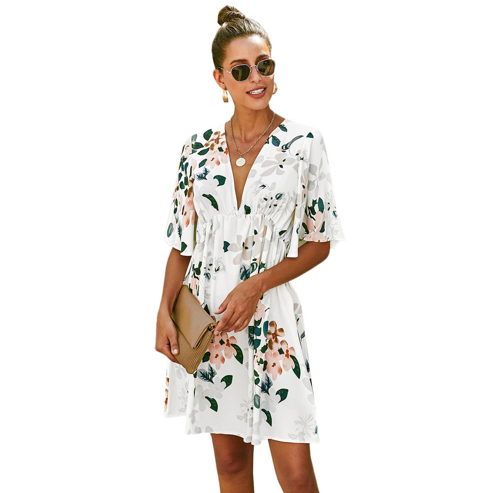 Summer Floral Print Dress for Women Sexy V Neck Waist Defining Short Sleeves Vacation Style Wholesale Available