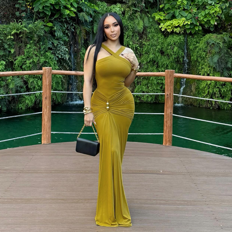European and American Cross Border Autumn Winter New Women's Fashion Cross Neck Solid Color Pleated Waist Slim Mermaid Dress