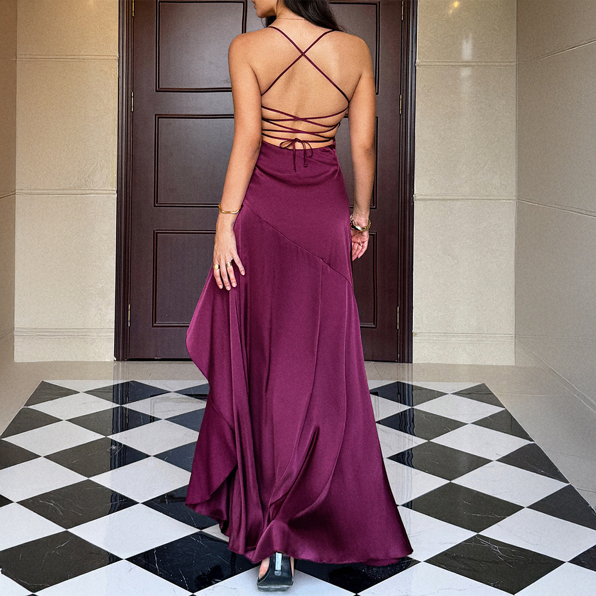 Elegant Solid Color Long Strap Dress for Women Autumn Winter