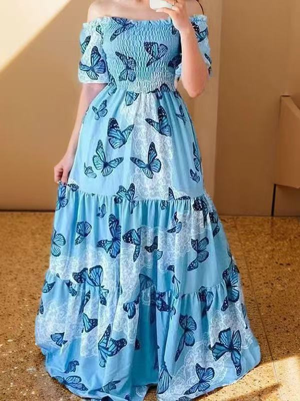 New Spring Summer European and American Foreign Trade Women's Dress One Shoulder Floral Dress Fashion Off Shoulder Long Dress