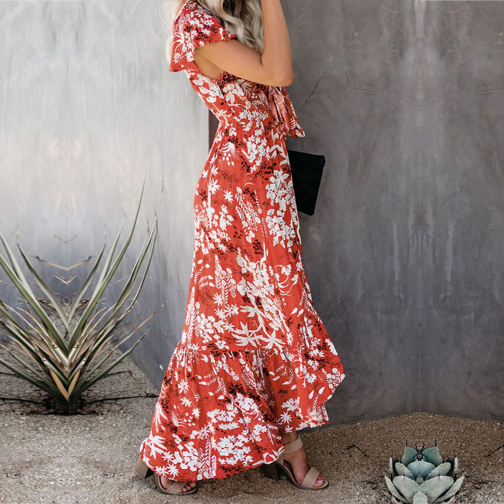 Deep V Neck Knitted Dress with Bow Tie Ruffled Short Sleeves Irregular Hem Elegant Evening Wear Wholesale Available