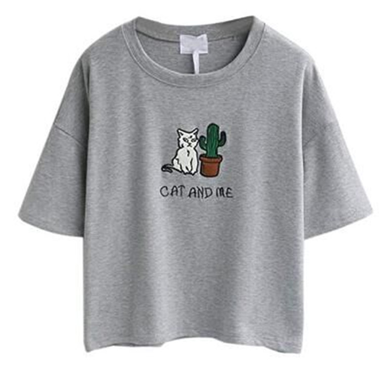 Cotton Crop Top Short Sleeve Cactus Embroidery Casual Style Summer Wear for Women Wholesale Available