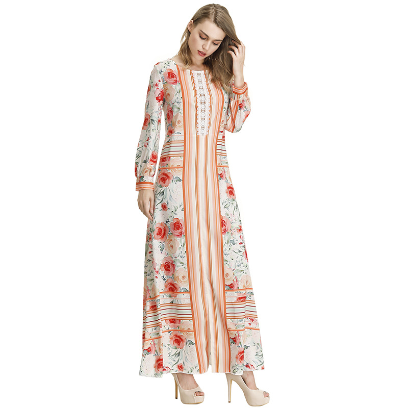 Womens Long Sleeve Printed Maxi Dress Elegant Floral Design Comfortable Fit Versatile for Casual or Formal Occasions