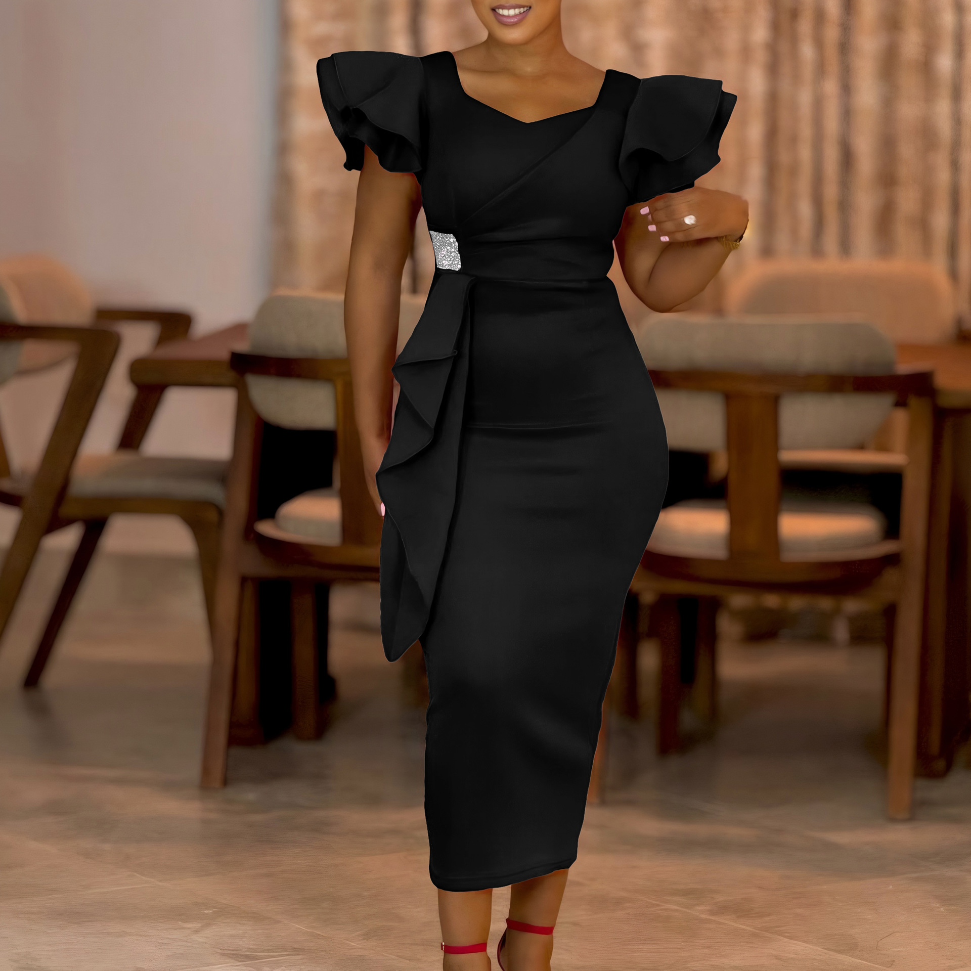 Elegant Ruffle Hem Solid Color Bodycon Dress for Women, Fashionable and Stylish, Perfect for Cross Border and European Markets