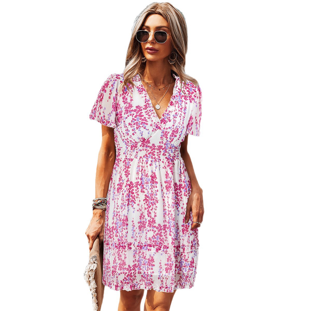Casual Vacation Short Sleeve Floral Long Dress for Women Autumn Winter