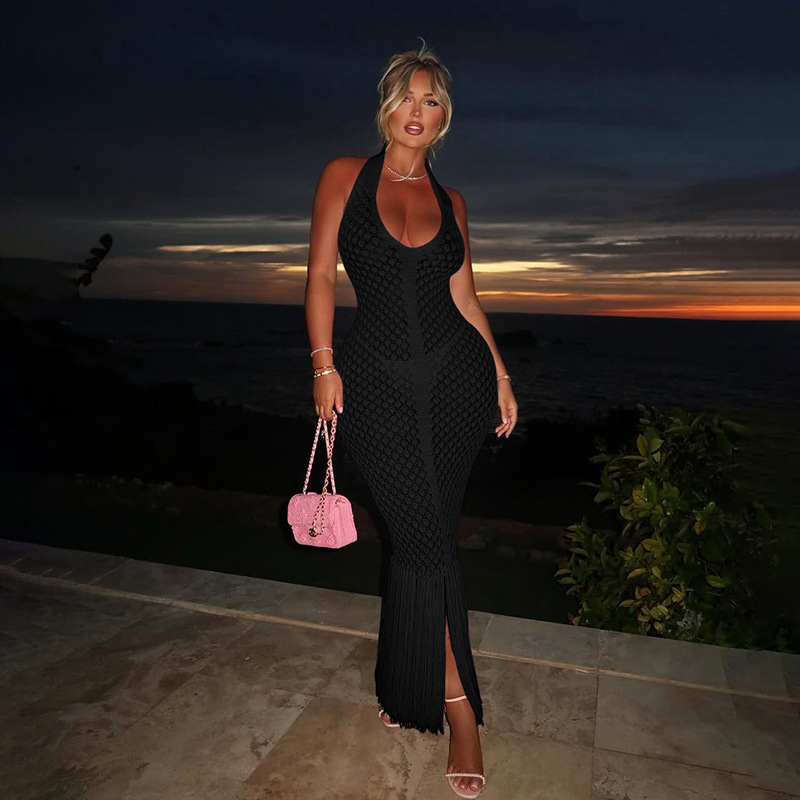 Summer New Cross Border Source New European and American Women's Sexy Solid Color Sheer Mesh Knitted Beach Skirt