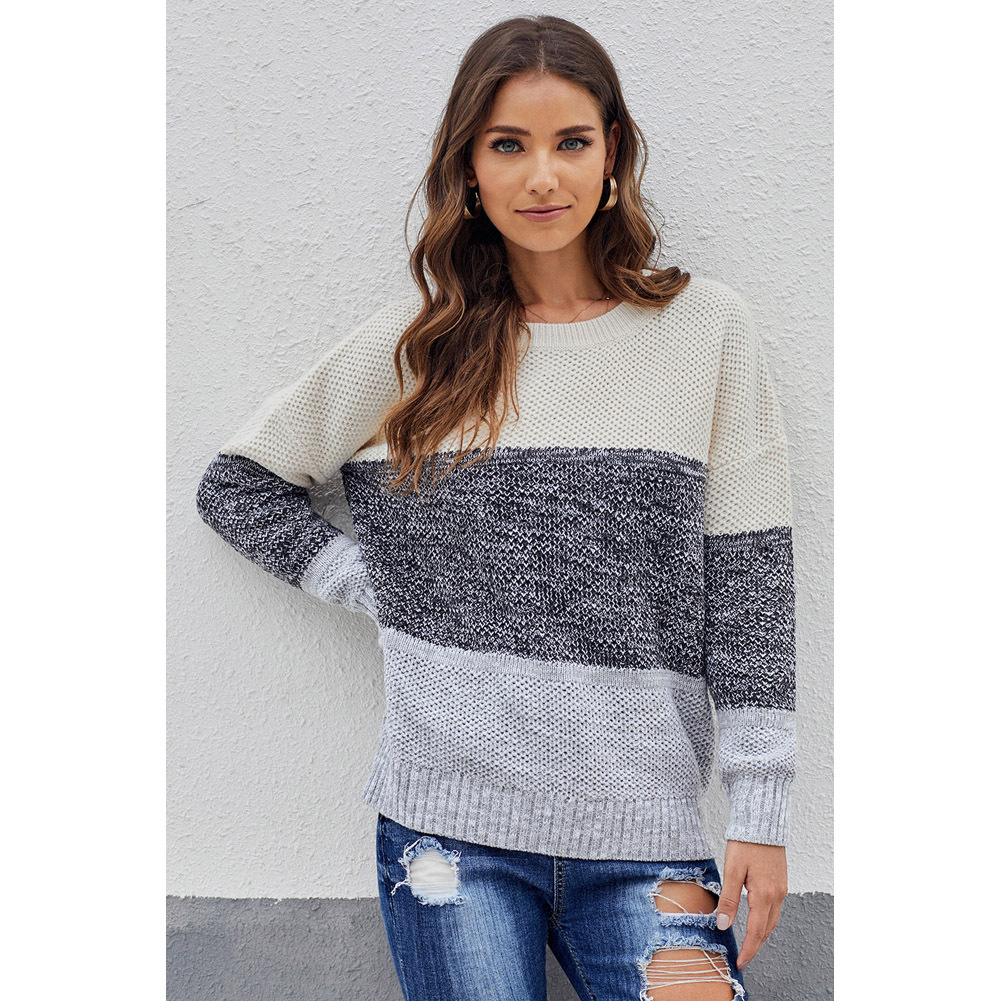 Womens Color Block Knit Sweater Round Neck Long Sleeve Cozy Fabric Winter Casual Wear Wholesale Available