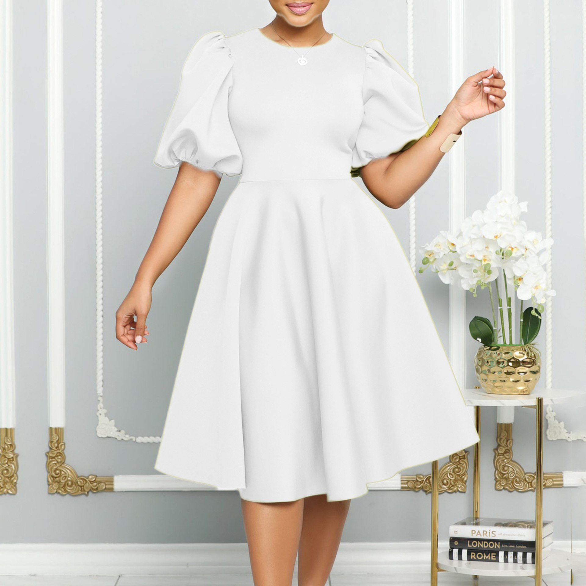 European and American Markets A Line Dress — Round Neck, Puff Sleeves, Waist Cinched, Flared Skirt — Formal Occasion — Wholesa