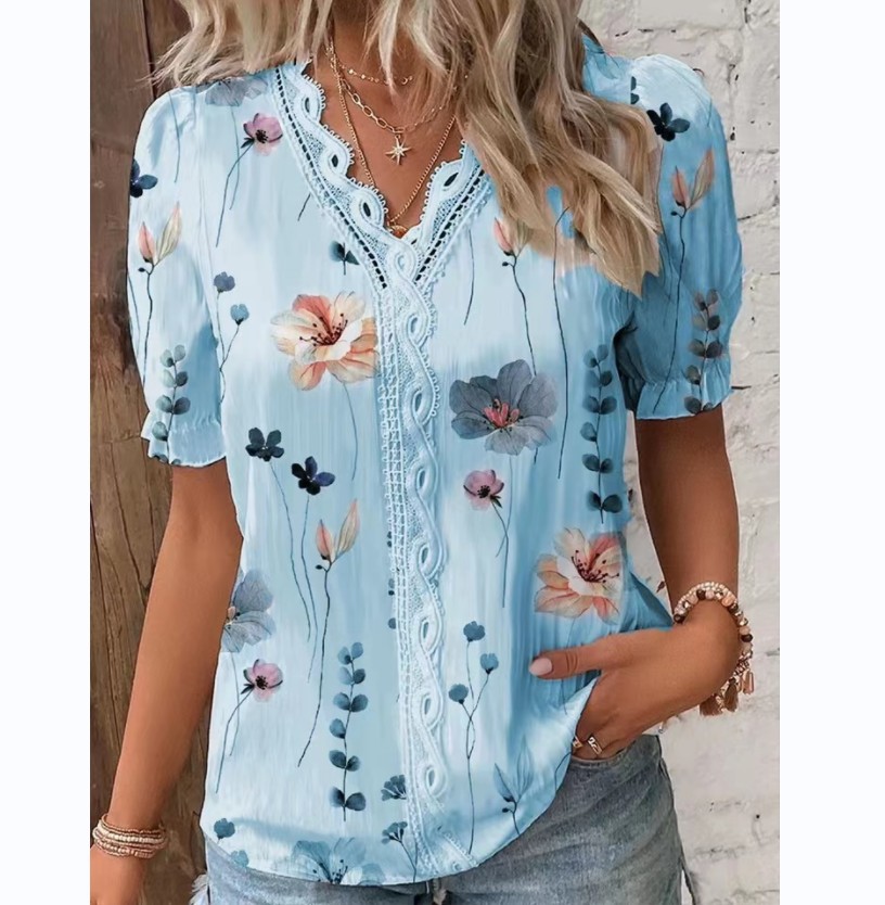 Womens Vintage Floral Lace V Neck T Shirt Comfortable Slim Fit Short Sleeve Summer Casual Wear Ready to Ship