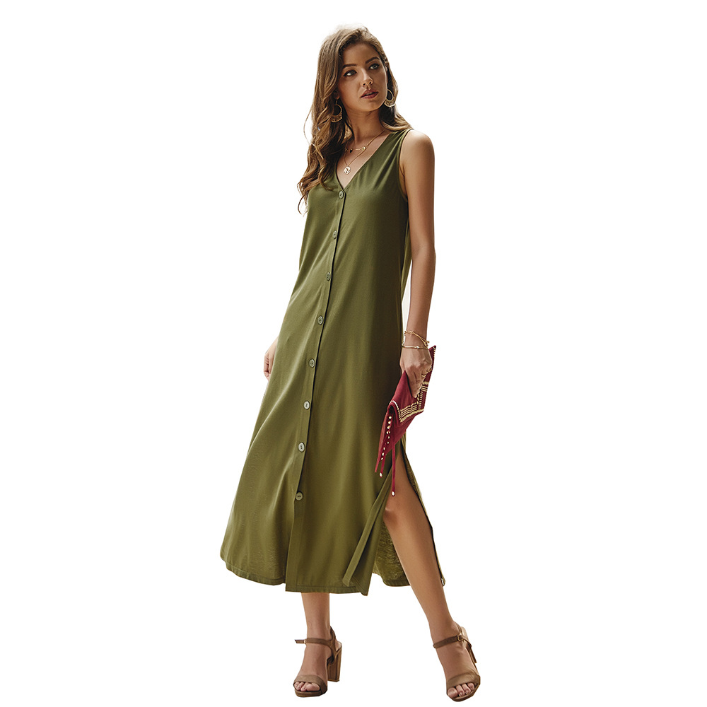 Summer Casual Solid Color Long Sleeve Button Down Maxi Dress Lightweight Fabric Elegant Style Ready to Ship