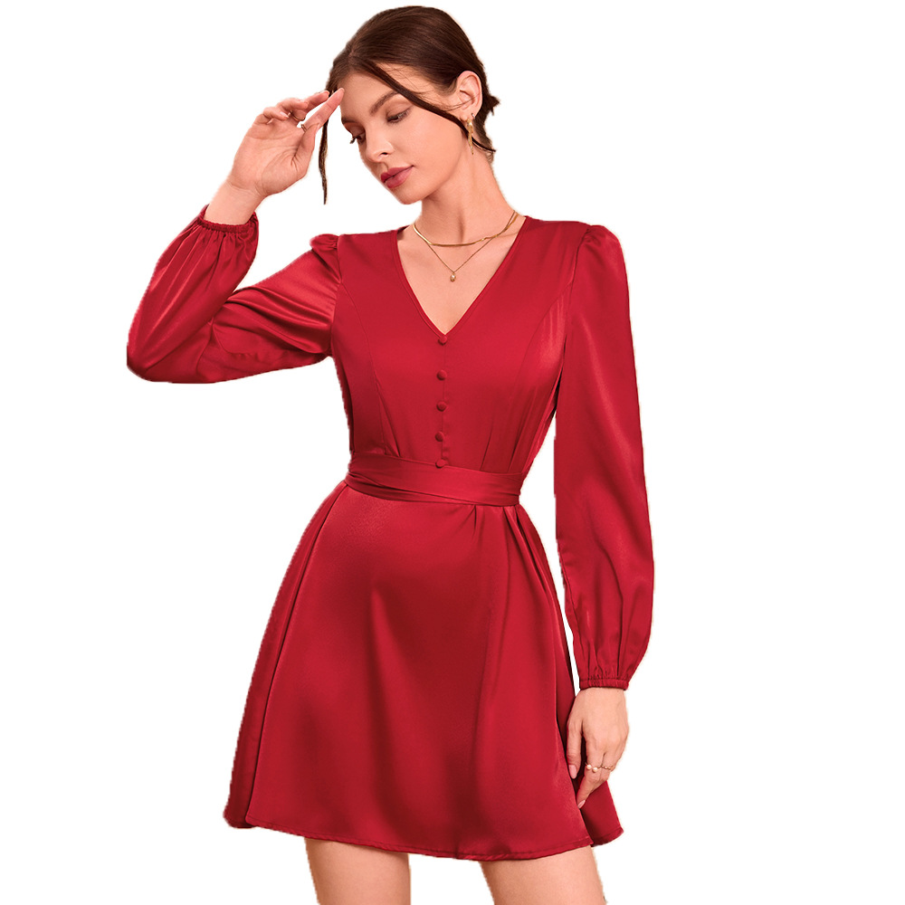 European and American Women’s Fashion — Sexy V Neck, Waist Defining, A Line, Satin Dress — Autumn Winter Collection — Wholesal