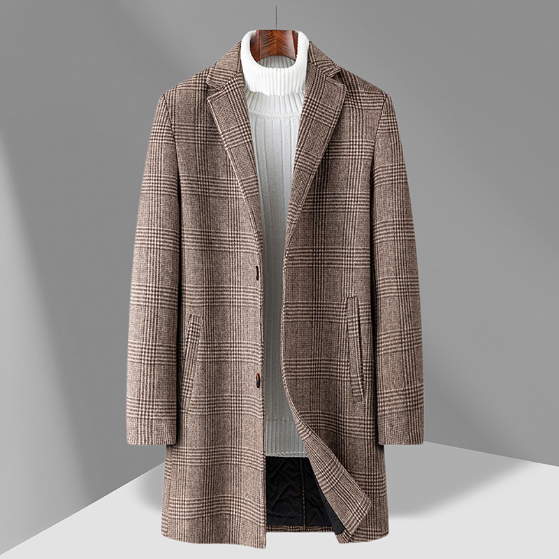 Mens Mid Length Plaid Wool Blend Overcoat Thickened Warm Stylish Perfect for Autumn and Winter Wholesale Available