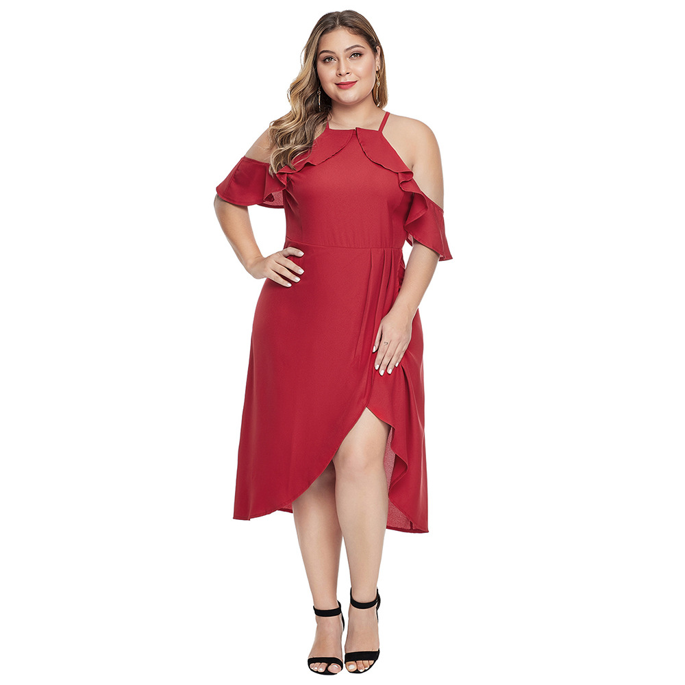 Plus Size Womens Summer Dress Sexy Off Shoulder Ruffle Hem Asymmetrical Midi Length Casual or Party Wear OEM
