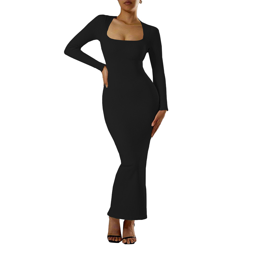 Square Neck Slim Fit Long Sleeve Knitted Bodycon Dress for Autumn and Winter