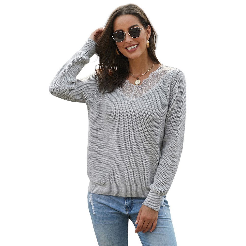 Womens Ribbed Knit Sweater V Neck Long Sleeve Lace Trim Autumn Winter Fashion Wholesale Available