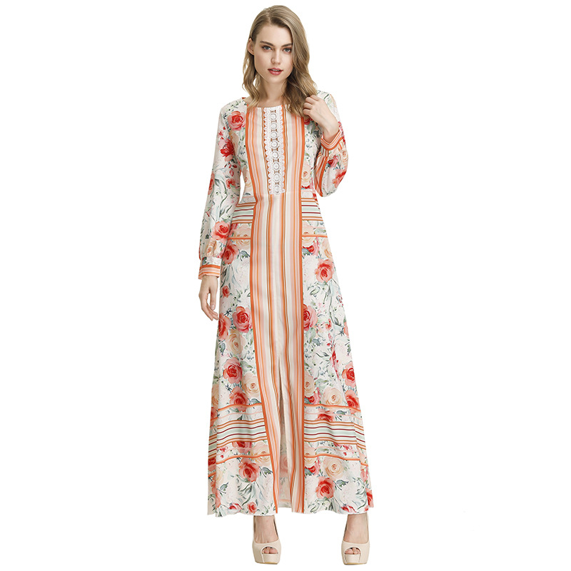 Womens Long Sleeve Printed Maxi Dress Elegant Floral Design Comfortable Fit Versatile for Casual or Formal Occasions