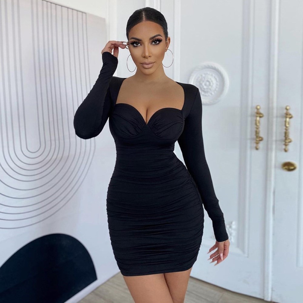 Womens Slim Fit V Neck Long Sleeve Ruched Pencil Dress Elegant Short Skirt Autumn Fashion Wholesale Available