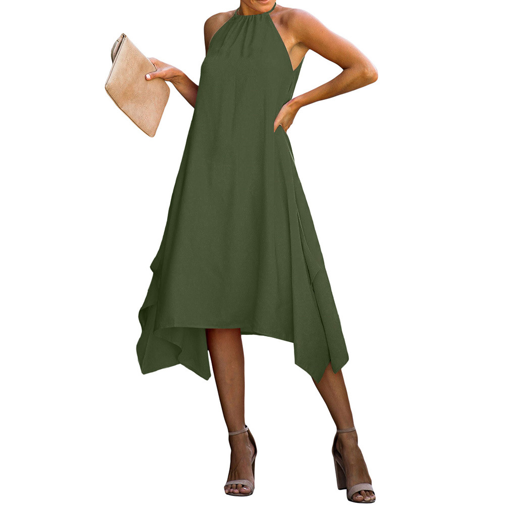 Knee Length Sleeveless Dress for Women European Style Solid Color High Neck Loose Fit Asymmetrical Hem Wholesale