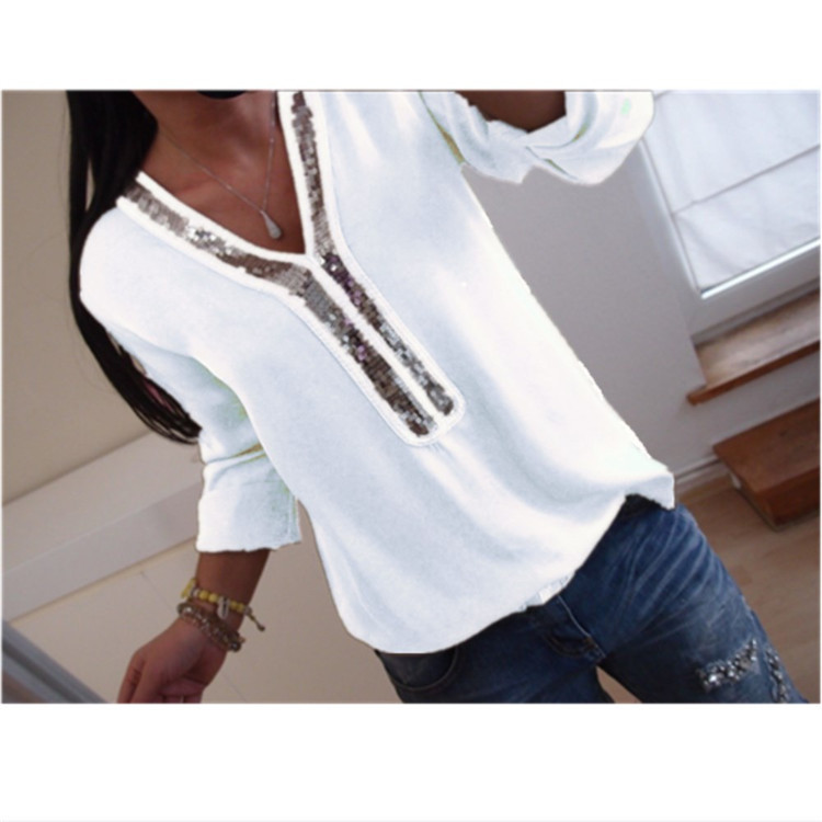 Casual Womens T Shirt Solid Color V Neck Sequin Detail Long Sleeve Plus Size Everyday Wear Wholesale Available