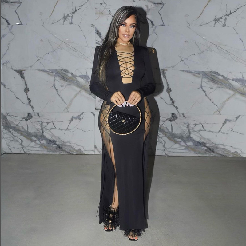 Spring New Arrival Women's Sexy Deep V Neck Tie High Slit Solid Color Slim Long Dress for Fashionable Casual Wear