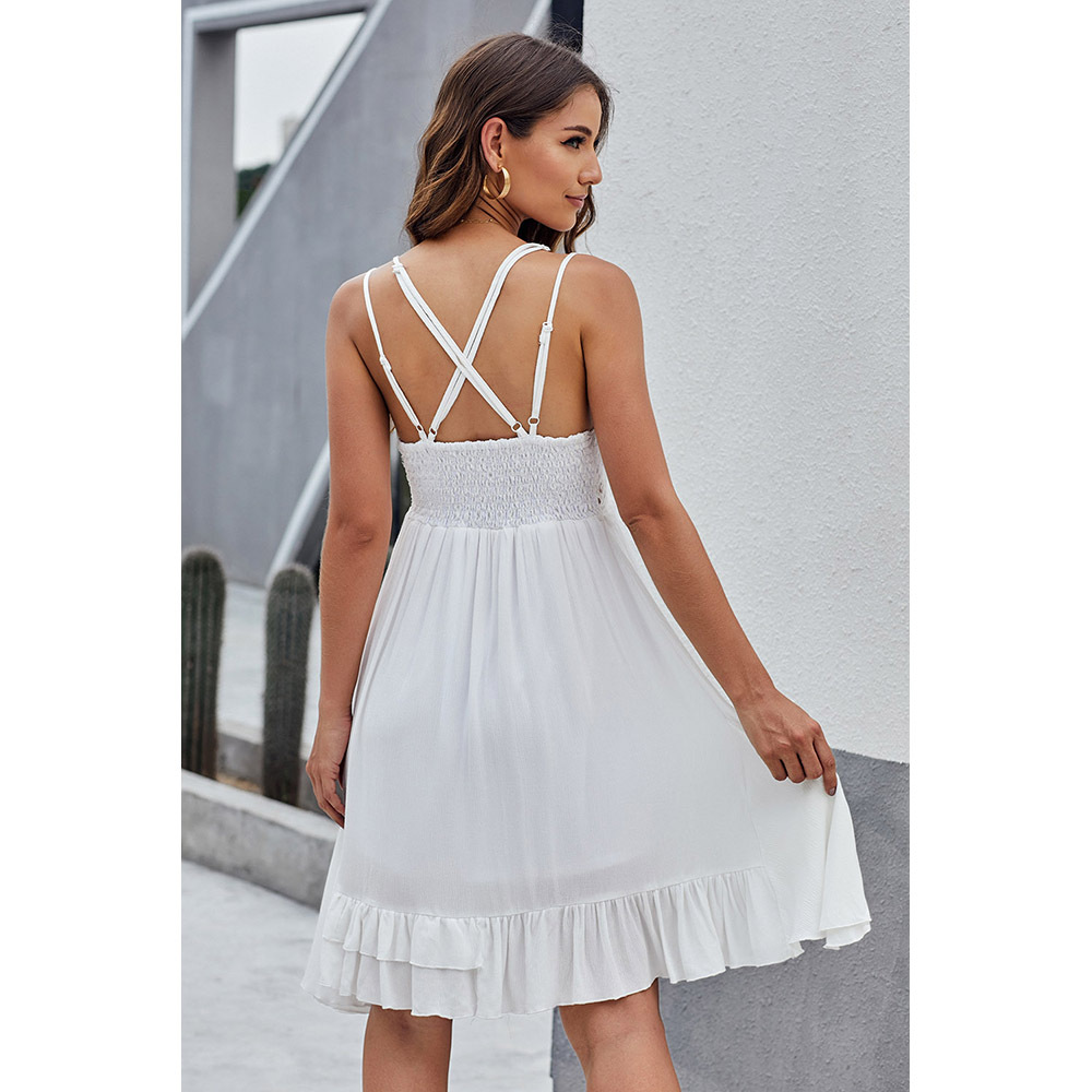 Double Layered Spaghetti Strap Dress V Neck Lace Hollow Out Ruffled Hem A Line Silhouette Elegant Evening Wear