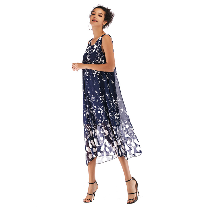 Womens Beach Dress Sleeveless Round Neck Floral Print Flowy Chiffon Summer Casual Wear Wholesale Available