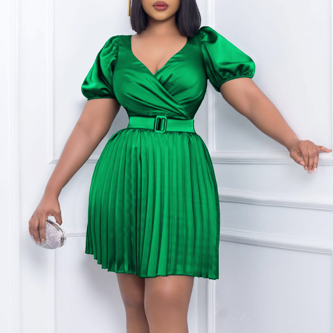 Summer New Women's Fashion V Neck Waist Defined Pleated Dress for Cross Border Style, Elegant European and American Design