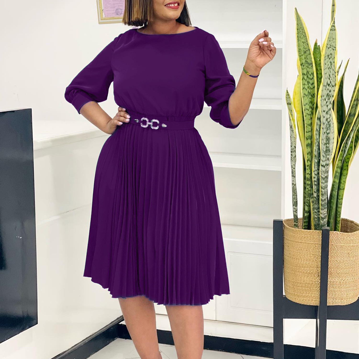 Elegant Women's Dress with Round Neck and Three Quarter Sleeves, Pleated Design, Fashionable African Style for Cross Border Tr