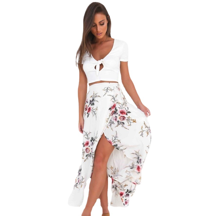 Floral Chiffon Midi Skirt Irregular Hem Tie Detail High Slit Summer Fashion for Women Wholesale Available