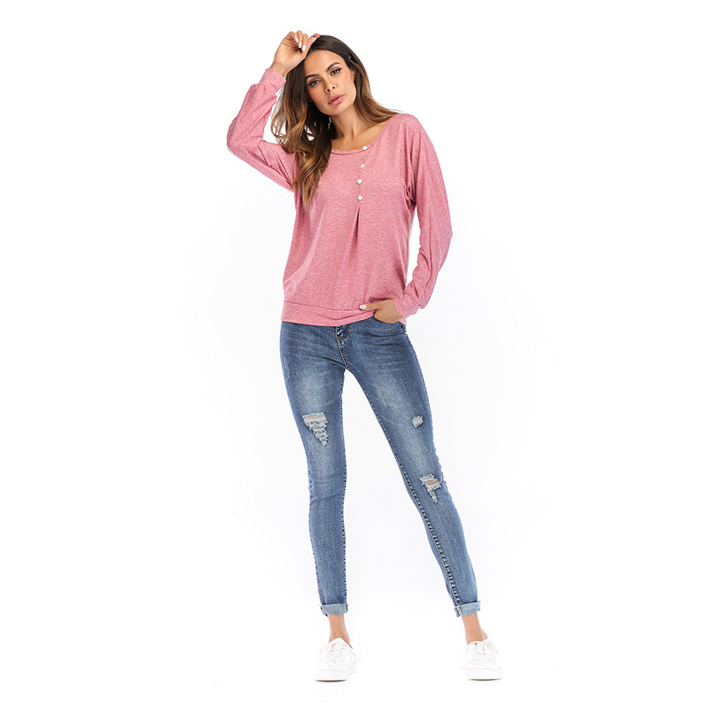 Womens Long Sleeve T Shirt Loose Fit Solid Color Button Detail Casual Wear for Everyday Use Wholesale Available