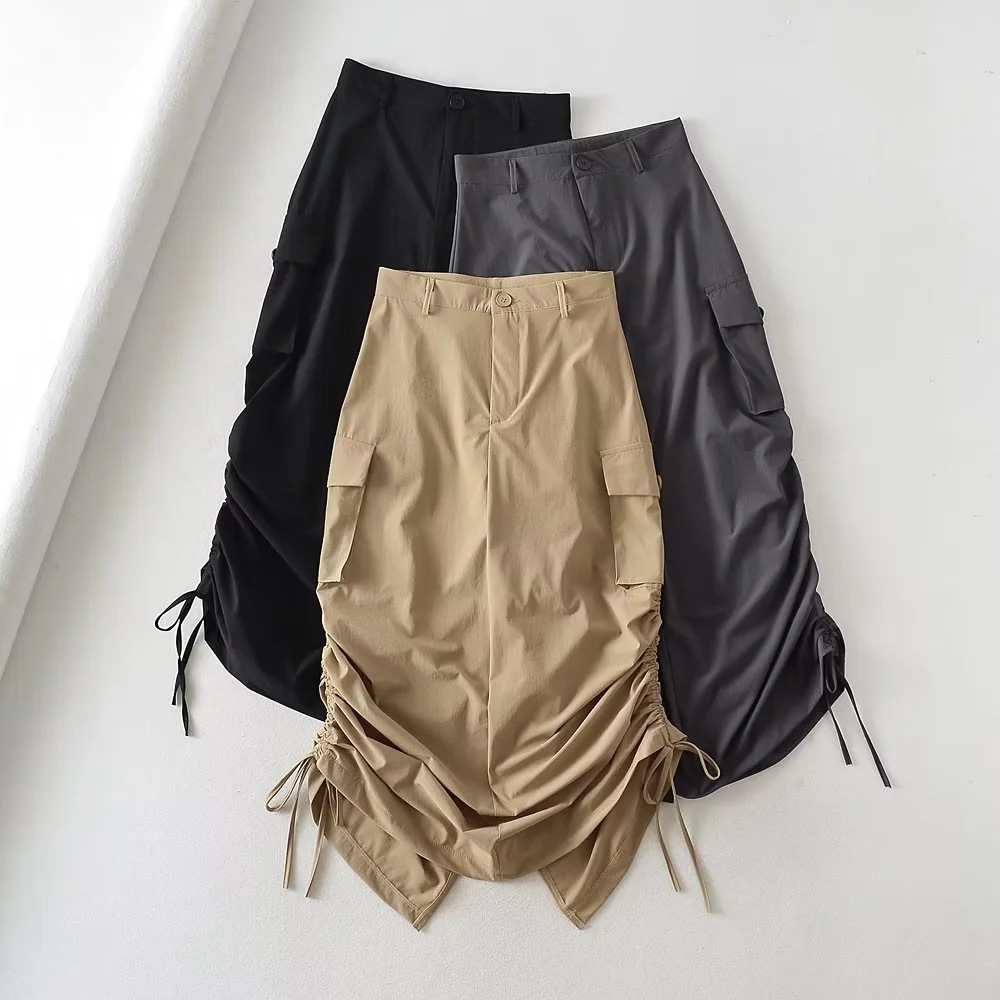 High Waisted Utility Skirt Side Pockets Drawstring Pleated A Line Design Casual Autumn Wear for Women Wholesale
