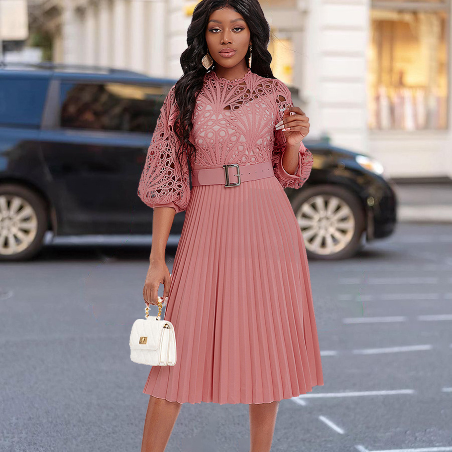 European and American Women's Clothing Summer New Elegant Lace Splicing Pleated Hollow Sexy Plus Size Foreign Trade African Dres