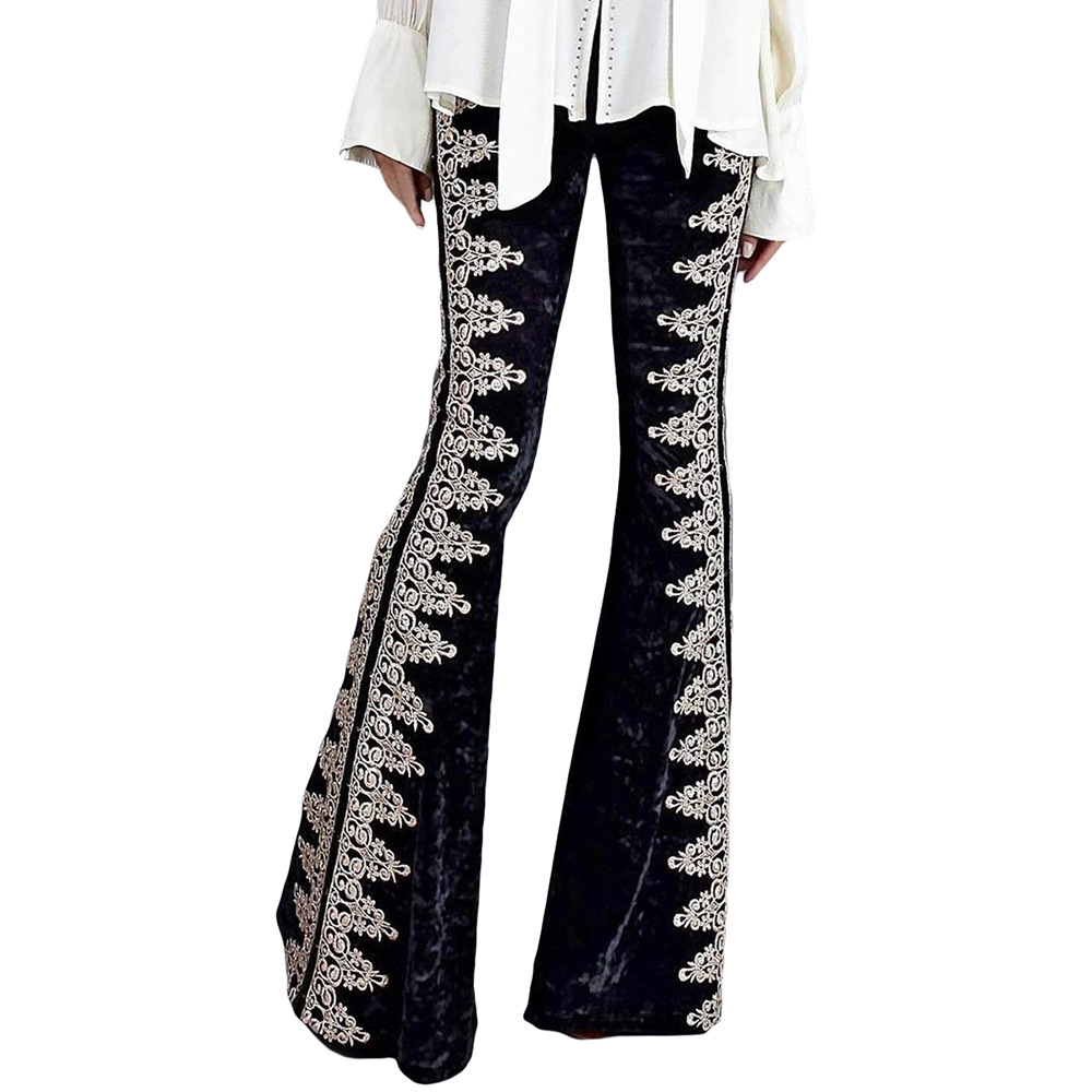 Velvet High Waisted Flare Pants for Women Unique Embroidery Slim Fit Autumn Winter Style Wholesale Available