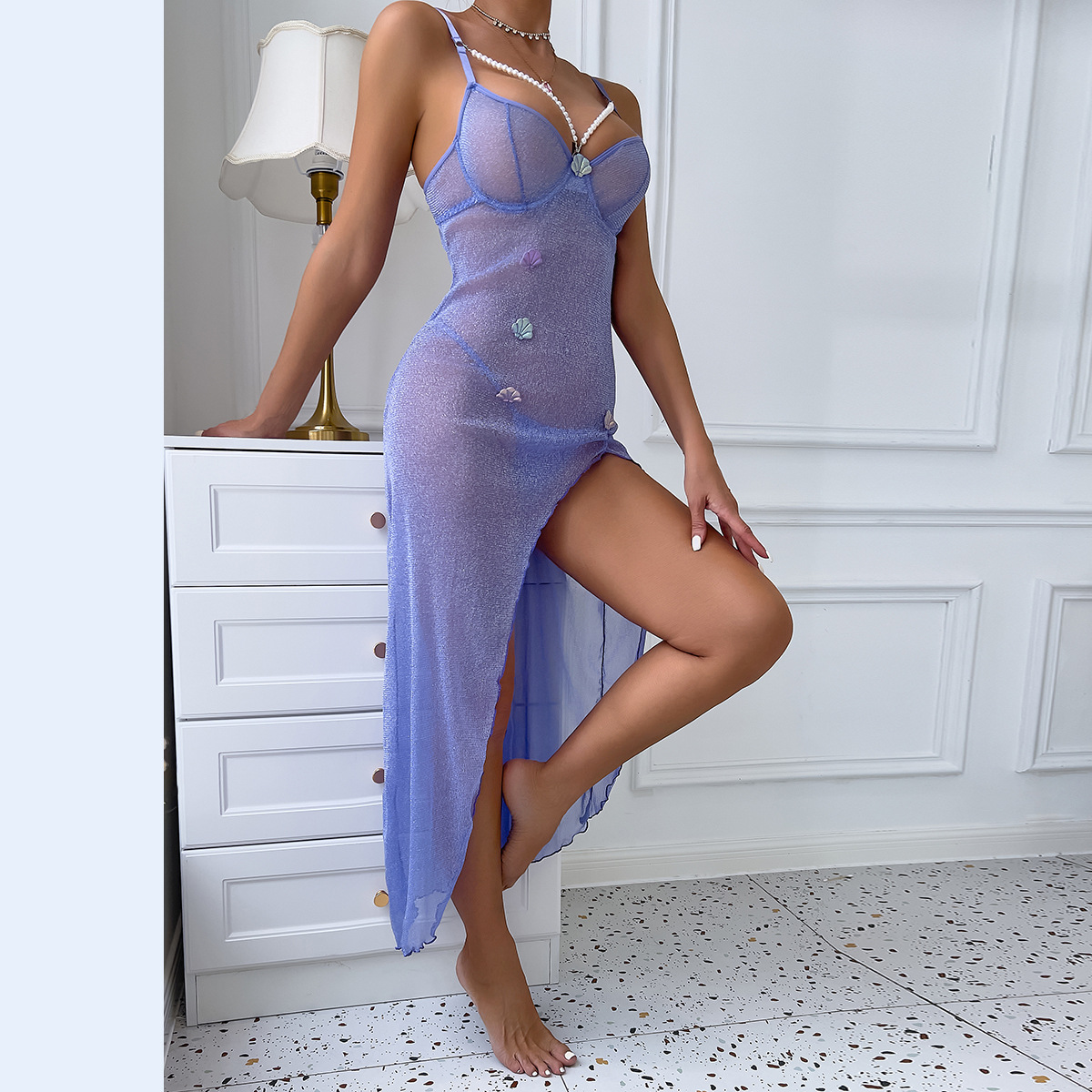 Romantic Pearl Shell Iridescent Purple High Waisted Split Leg Sexy Cami Maxi Dress Lightweight Mesh Fabric Party Wear