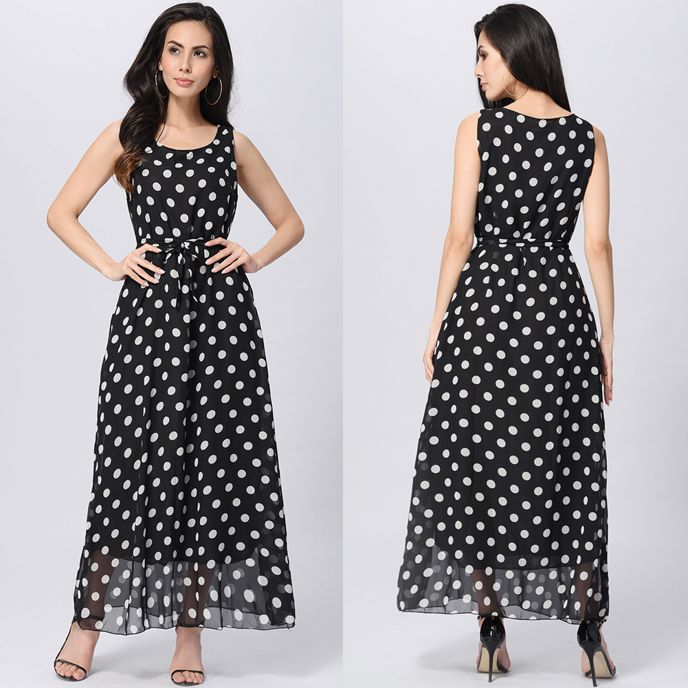 Summer Womens Dress Stylish Polka Dot Design Tie Waist Long Length Perfect for Casual Outings Wholesale Available
