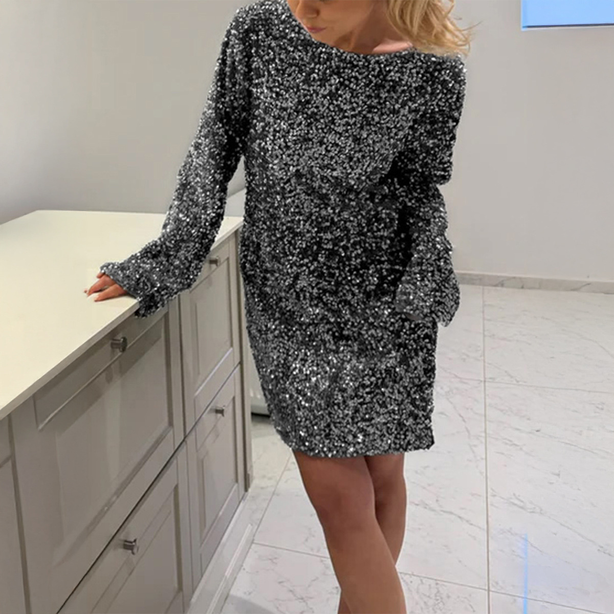 Elegant Sequin Long Sleeve Short Dress for Women Autumn Winter