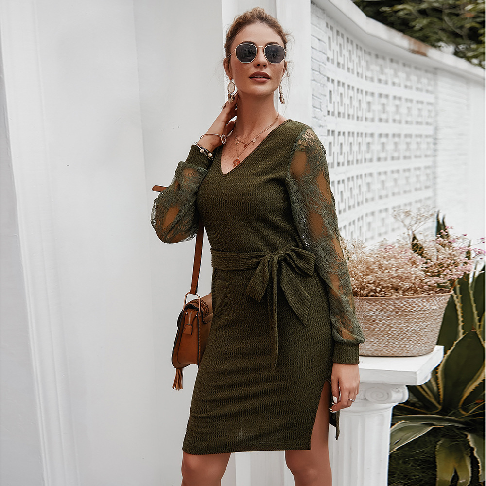 Lace Hollow Out Long Sleeve Knit Dress Elegant Design Adjustable Tie Perfect for Autumn Winter Wholesale Available