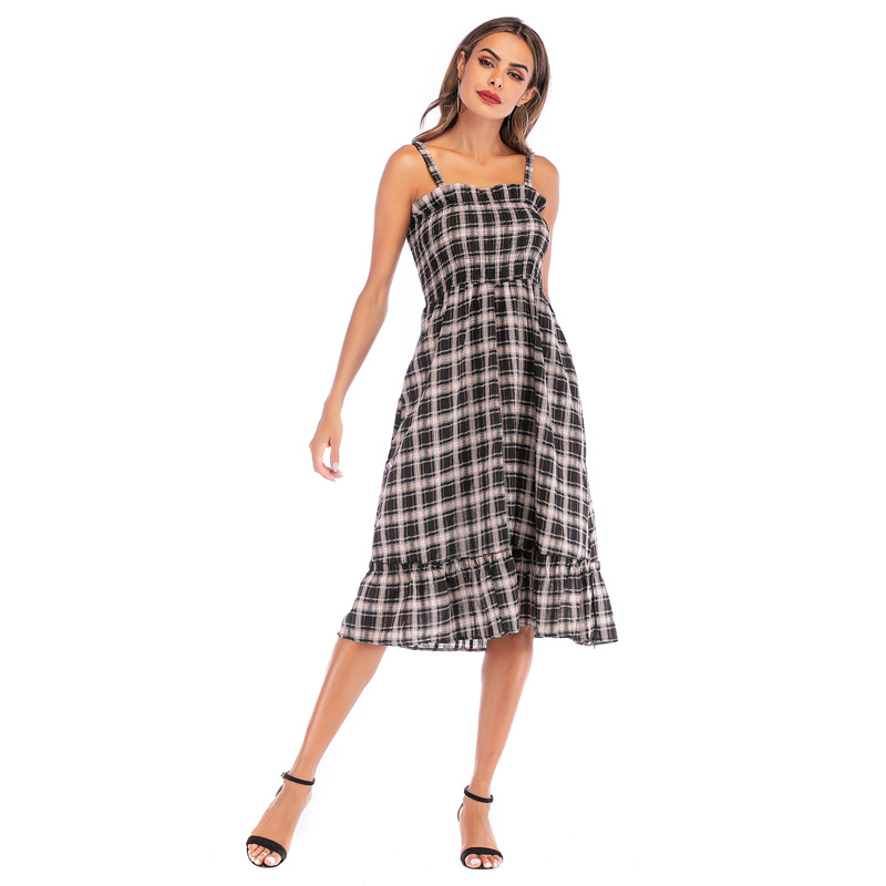 Vintage Plaid High Waisted Midi Dress for Women Ruffle Straps Summer Style Elegant Design Wholesale Available