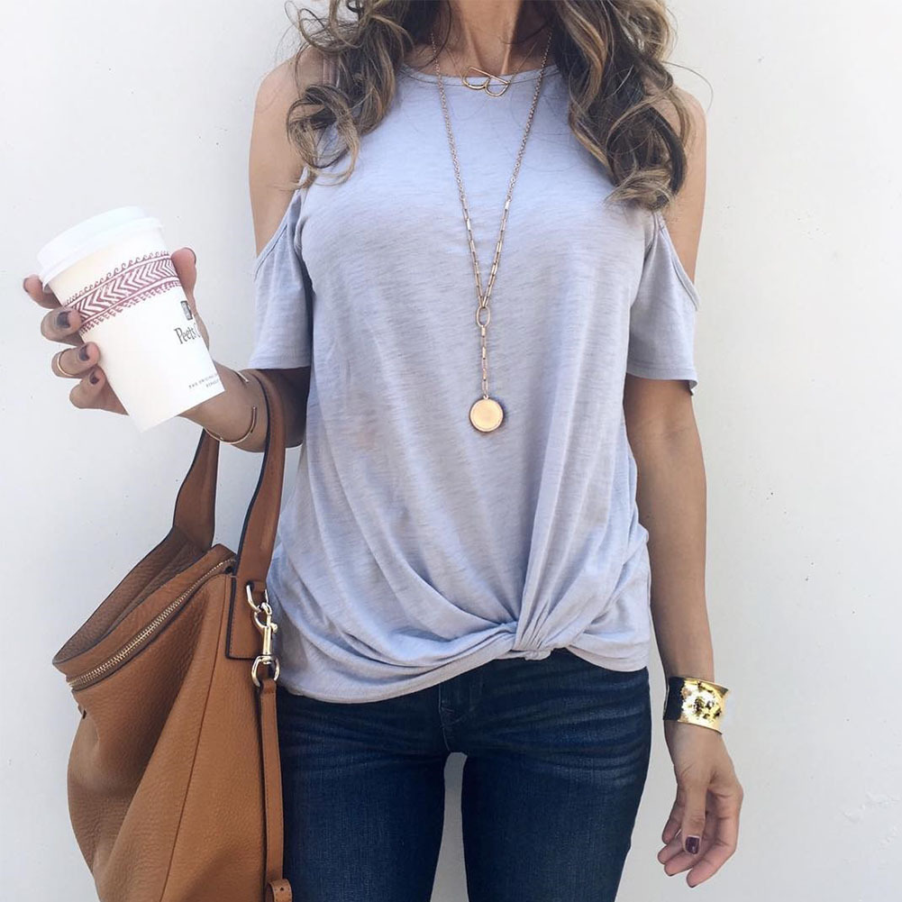 Womens Summer Loose T Shirt Round Neck Short Sleeve Solid Color Knot Hem Design Casual Wear Wholesale Available