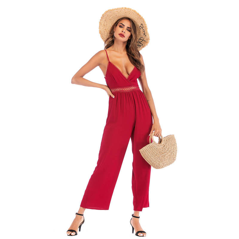 Womens Sexy Lace Backless Jumpsuit Slim Fit Spaghetti Straps Elegant Design Perfect for Parties or Night Out