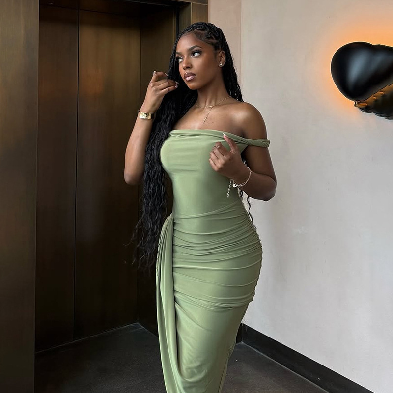 Fashionable Women's Spring Summer Dress with Off Shoulder Design, Sexy Backless, Ruched Split, Slim Fit for Trendy Looks