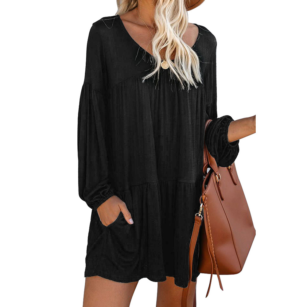 Solid Color Knee Length Dress for Women V Neck Long Sleeve Pleated Loose Fit Autumn Fashion Wholesale Available