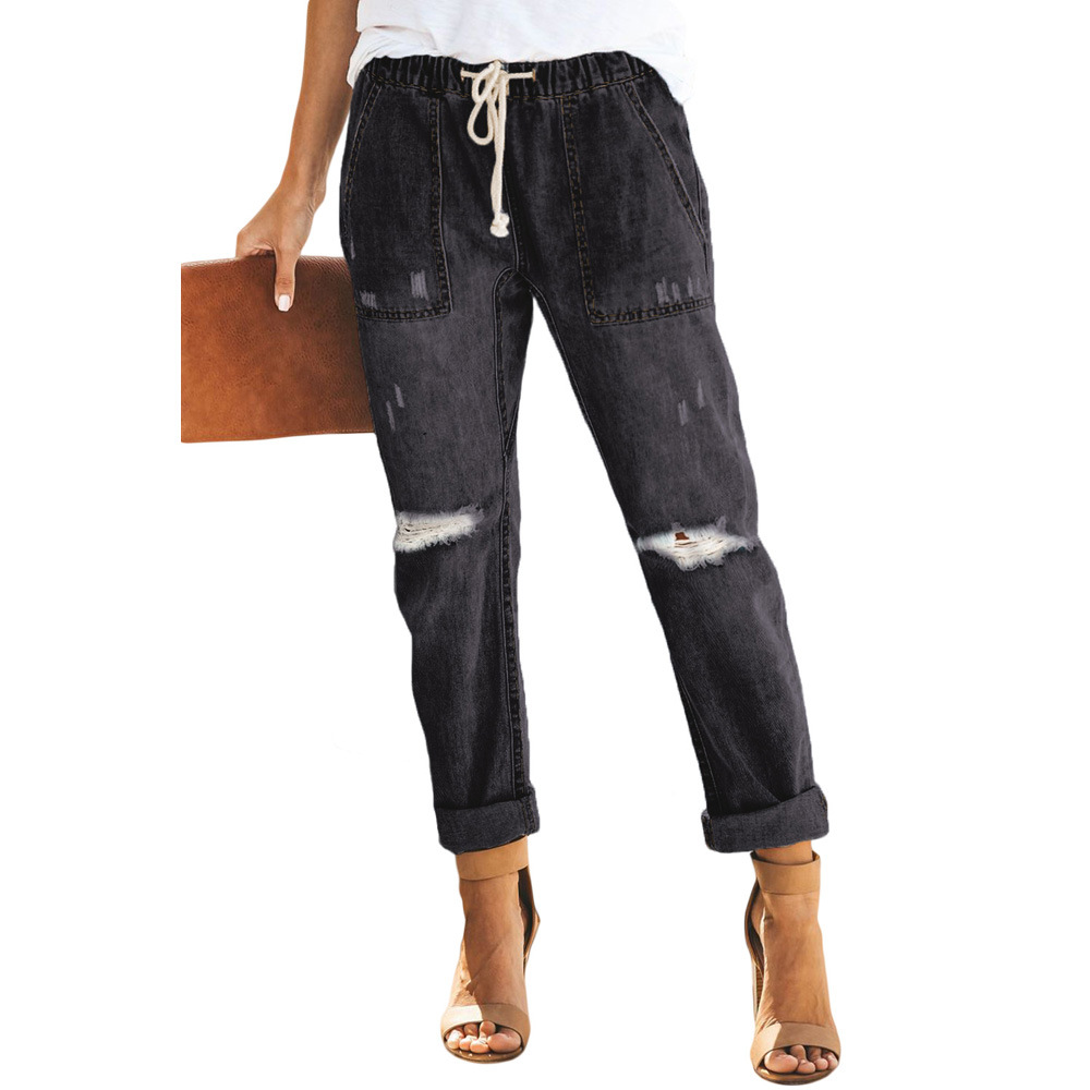 High Waisted Ripped Denim Jeans Slim Fit Distressed Adjustable Tie Autumn Fashion for Women Wholesale Available